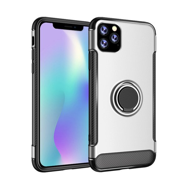 Wholesale iPhone 11 Pro (5.8in) 360 Rotating Ring Stand Hybrid Case with Metal Plate (Silver)